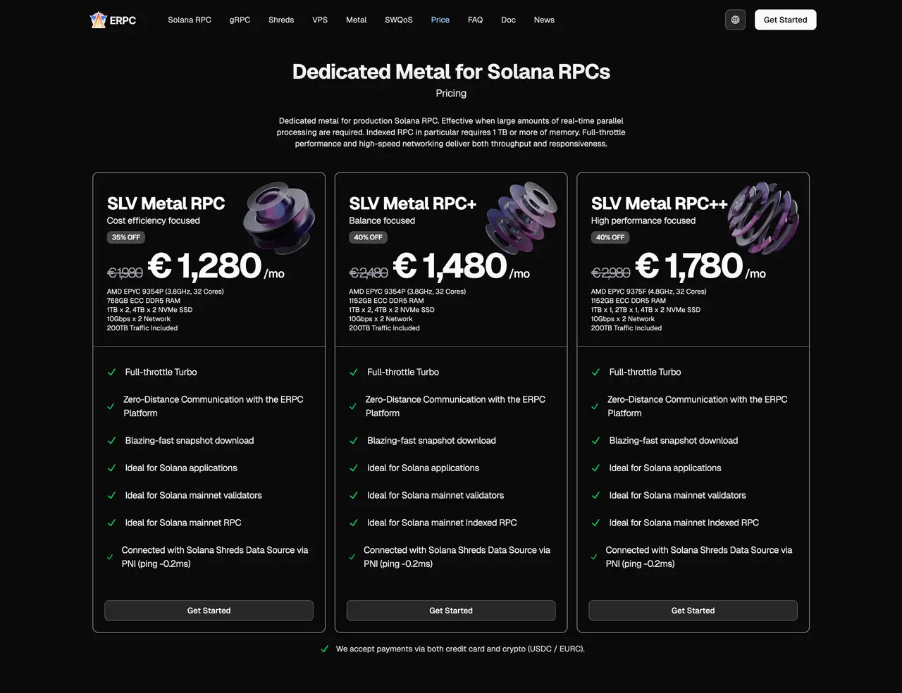 Dedicated Metal for Solana RPCs Pricing