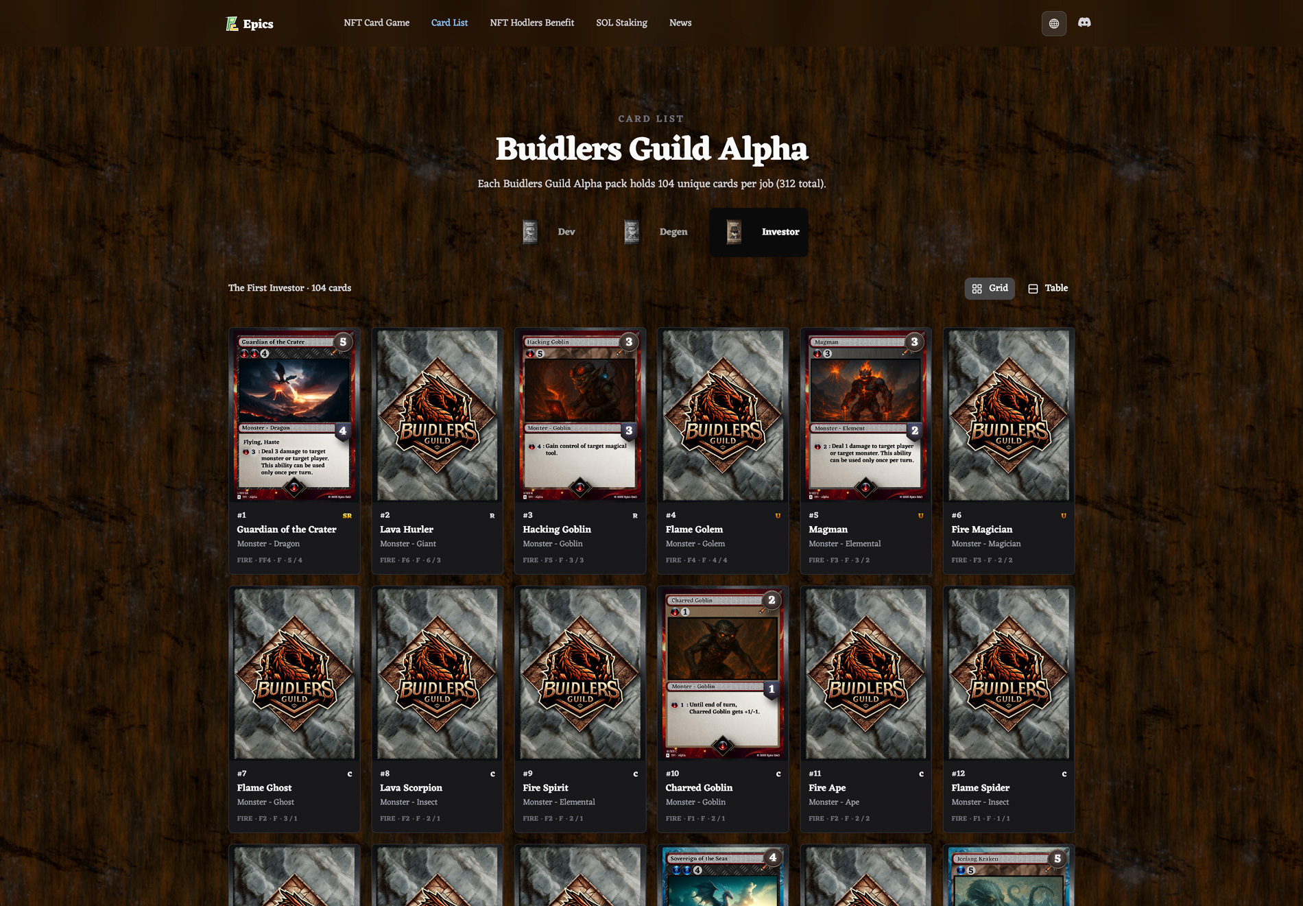 Buidlers Guild NFT Card List